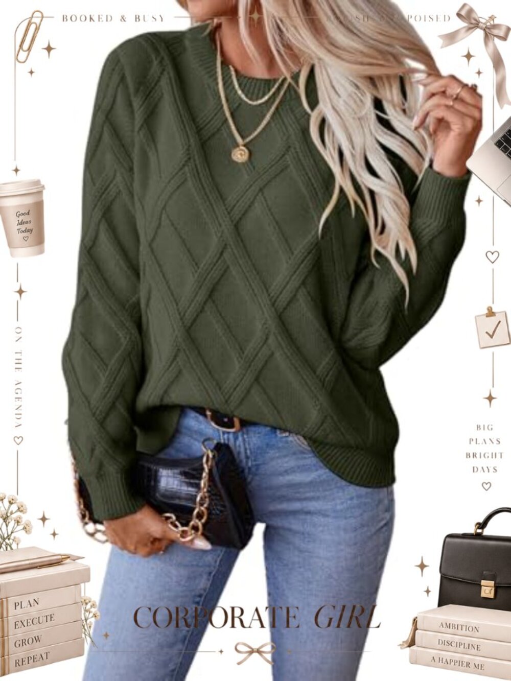 Cable Knit Crewneck Pullover Sweater Long Sleeve Loose Fit Casual Fall Winter
